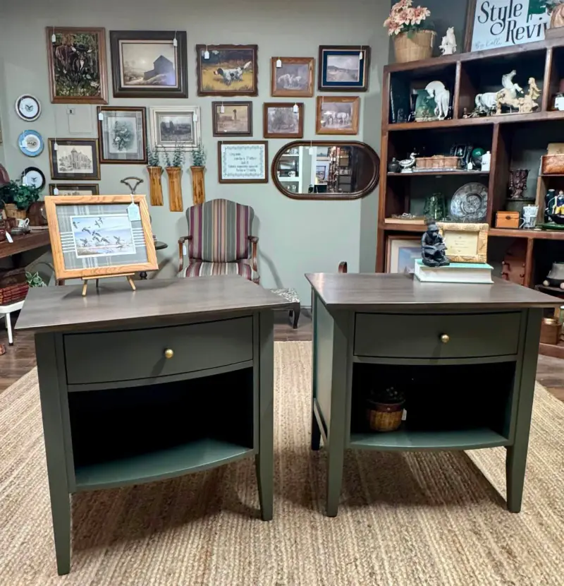 Pair of sage green nightstands with walnut-tone tops in Kelli's booth